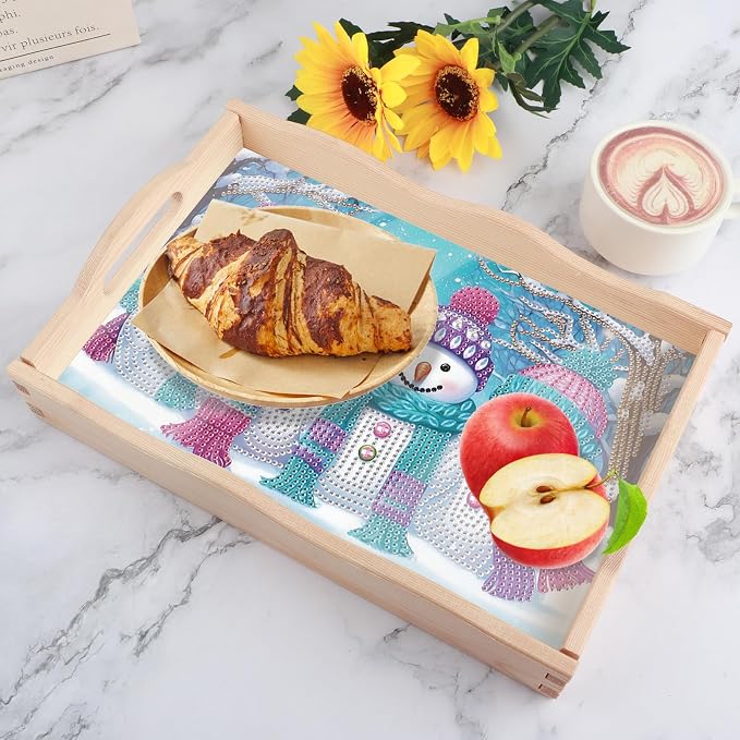 DIY Diamond Serving Tray Rectangular Breakfast Tray with Handle Handmade Diamond Art Painting Wooden Tray for Dinner Plate Coffee Room Living Home Organizer-Snowman03