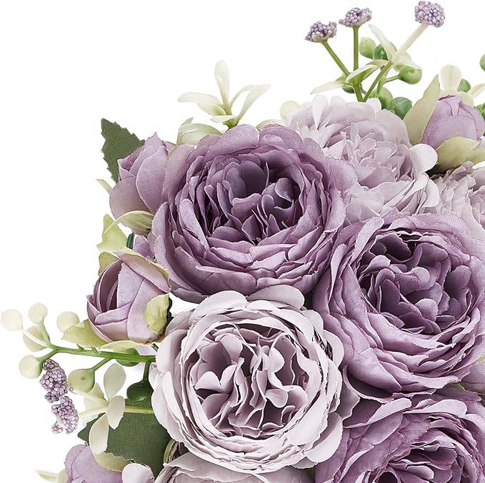 Mkono Peonies Artificial Flowers, Small Silk Flowers for Home Decor Indoor Fake Bouquet Faux Floral Arrangements Dining Table Centerpieces for Kitchen Party Decor Purple
