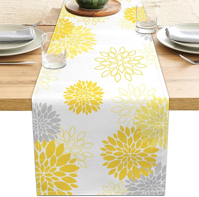 Dahlia Flower Table Runner 13x36 Inch Farmhouse Yellow Gray Runners Modern Table Decorations Rustic Geometric Coffee Table Runner for Home Kitchen Dining Room Party (13"x36", Dahlia Floral-Yellow)
