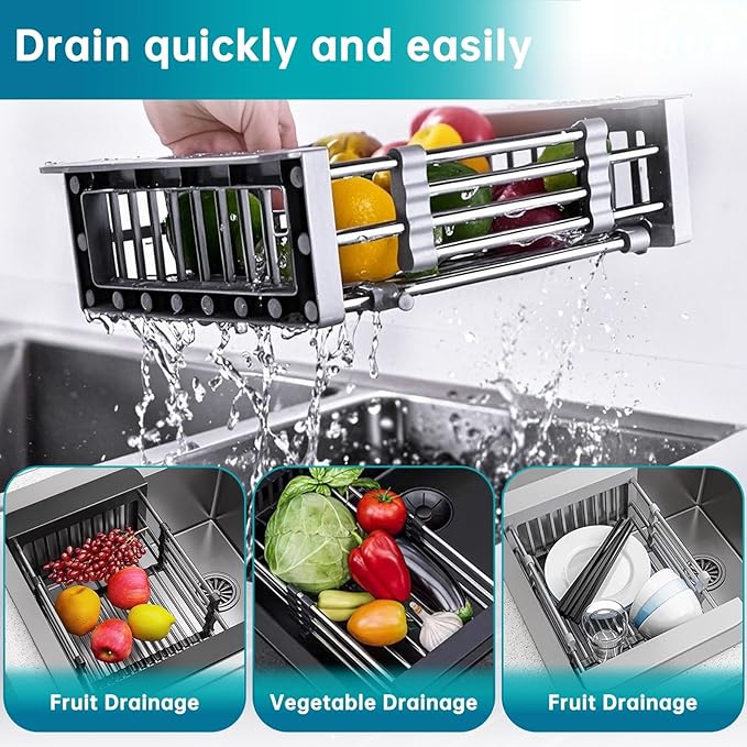 Dish Drying Rack, Stainless Steel Dish Drainer with Adjustable Arms Holder Functional Kitchen Sink Organizer for Vegetable and Fruit, Black Large