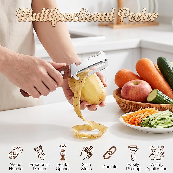Vegetable Peeler with Bottle Opener - 2PCS Veggie Peeler with Wooden Handle, Multifunctional Potato Peeler with Scallion Shredder, Fruit Peeler for Kitchen, Camping, Travel