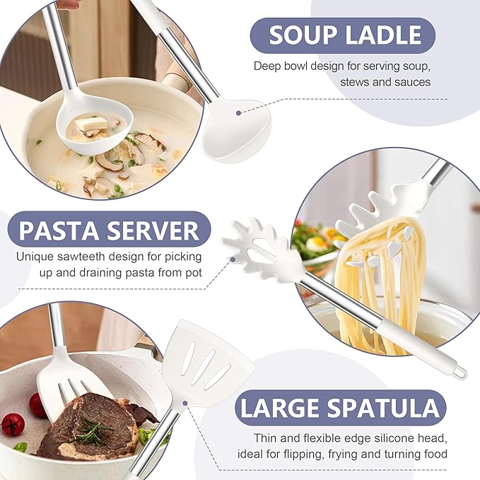 TeamFar Cooking Utensils Set, 14 PCS Silicone Kitchen Utensils with Stainless Steel Handle, Soup Ladle Spatula Spoon Turner for Nonstick Cookware, Healthy & Heatproof, Nonstick & Easy Clean, White
