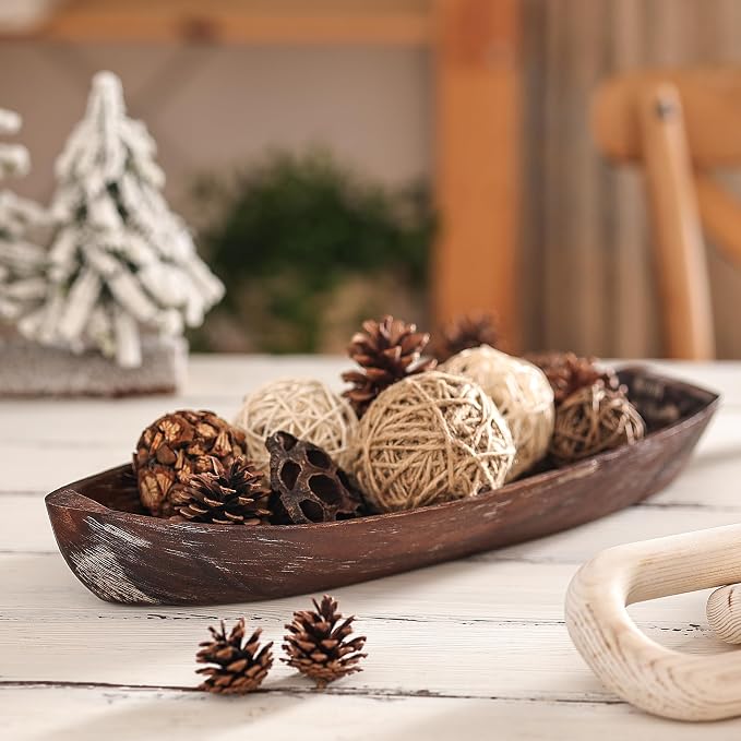 Rustic Wooden Serving Tray, Boat Shape Decorative Tray Vintage Centerpiece, Farmhouse Rustic Trays, Key Tray, Decorative Platter for Countertop Home Decorations- Distressed Brown。(Size L)