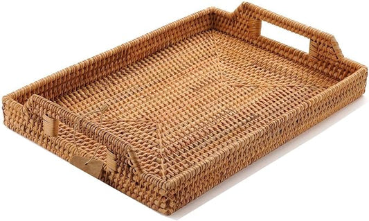 Handwoven Rattan Serving Tray with Handles – 17" Rectangular Wicker Tray for Coffee Table, Breakfast, Drinks, Fruit, Snacks, Ottoman & Kitchen Counter Decor