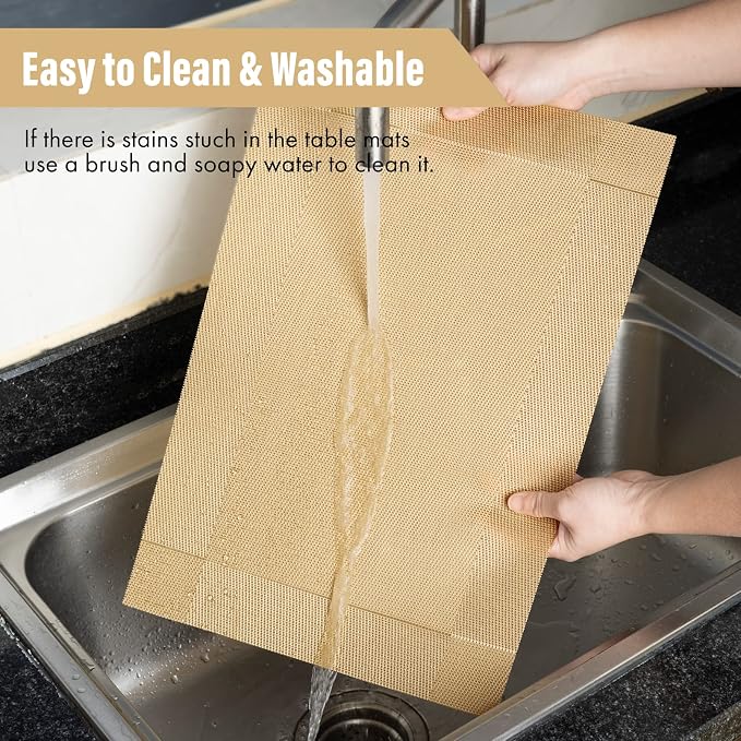 Winknowl Placemats Set of 8, Washable Vinyl Woven Placemats, Heat Resistant & Wipeable Table Mats for Kitchen Dining Table (Golden)
