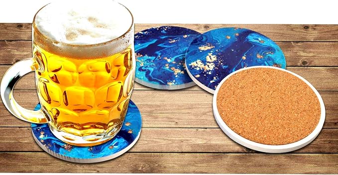 Blue Coasters for Drinks Absorbent Stone Coaster Set,Ceramic Cup Holder Coasters Coffee Mug Place Mats with Cork Base,Prevent Furniture from Dirty and Scratched,Ideal Home Decor|Mandala Style Set of 4