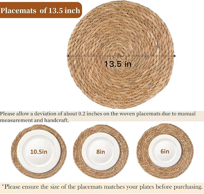 Woven Placemats Set of 6, 13.5" Round Rattan Placemats, Natural Water Hyacinth Place mats, Farmhouse Weave Place Mats, Rustic Braided Wicker Table Mats for Dining Table, Home, Outdoor