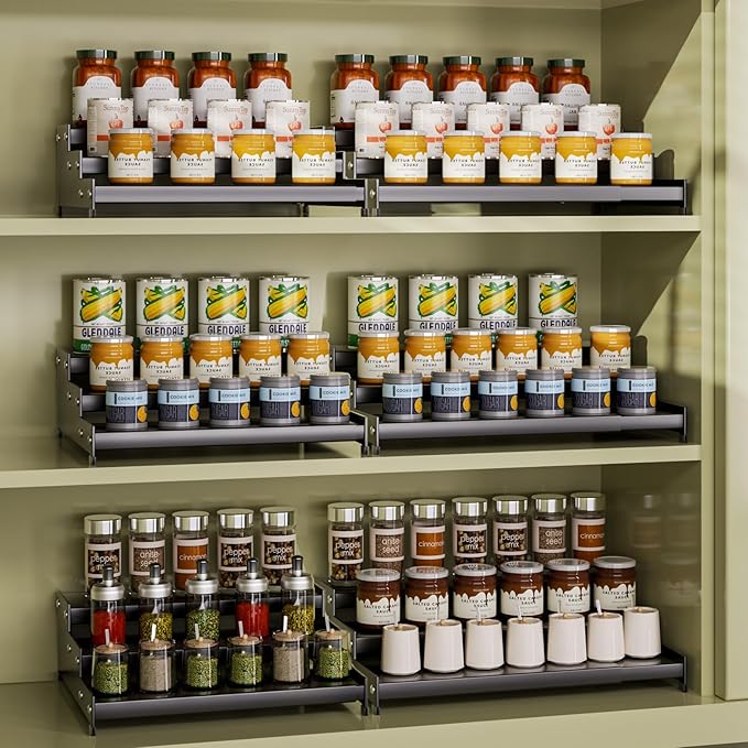 Expandable Carbon Steel Spice Rack Organizer for Pantry, Adjustable 3-Tier Ladder Shelf,Holds Up to 24 Cans,Kitchen Countertop Organizer, Rustproof Storage Rack for Spices, Cans, Sauces & Dry Goods