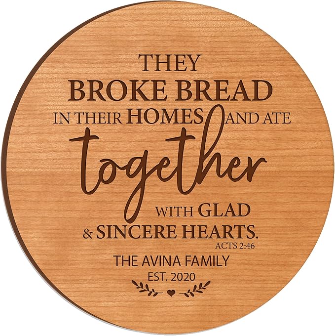 LifeSong Milestones Personalized Cherry Wood Lazy Susan Kitchen Turntable Everyday Design Ideas 12” Engraved Decorative Serving Centerpiece Family (They Broke Bread)