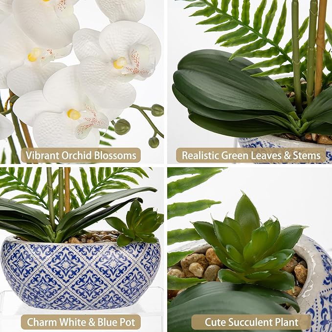 Oairse White Orchids Artificial Flowers in Pot 16.1" Faux Orchids Plant in Blue and White Pot Real Touch Fake Phalaenopsis Flower Arrangement Dinner Table Centerpiece for Dining Room Bathroom Decor