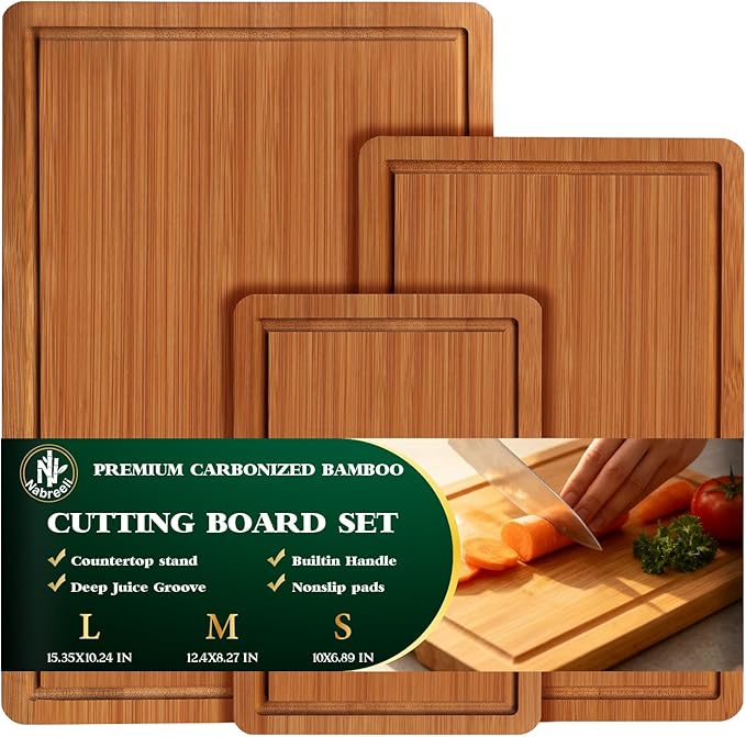 Bamboo Cutting Board Set – Large Knife-Friendly Boards with Juice Groove & Non-Slip Feet, Durable Wood Chopping Boards for Meat, Cheese, Veggies, Home Chefs & Kitchen Gift for Father's Day