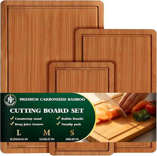 Bamboo Cutting Board Set – Large Knife-Friendly Boards with Juice Groove & Non-Slip Feet, Durable Wood Chopping Boards for Meat, Cheese, Veggies, Home Chefs & Kitchen Gift for Father's Day