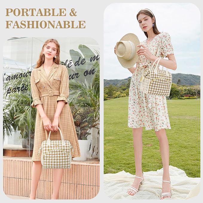 LOKASS Insulated Lunch Bag Women- Reusable 10 L Lunch Box for Women - Leakproof Tote Cooler Bag for Adults Work, Beach, Travel, Picnic （Brown&White Diamond Grid）
