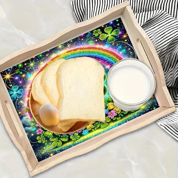 BAYUNOE DIY Diamond Serving Tray Rectangular Breakfast Tray with Handle Handmade Diamond Art Painting Wooden Tray Spring Creative Dinner Plate Coffee Room Living Home Organizer-Rainbow Clover