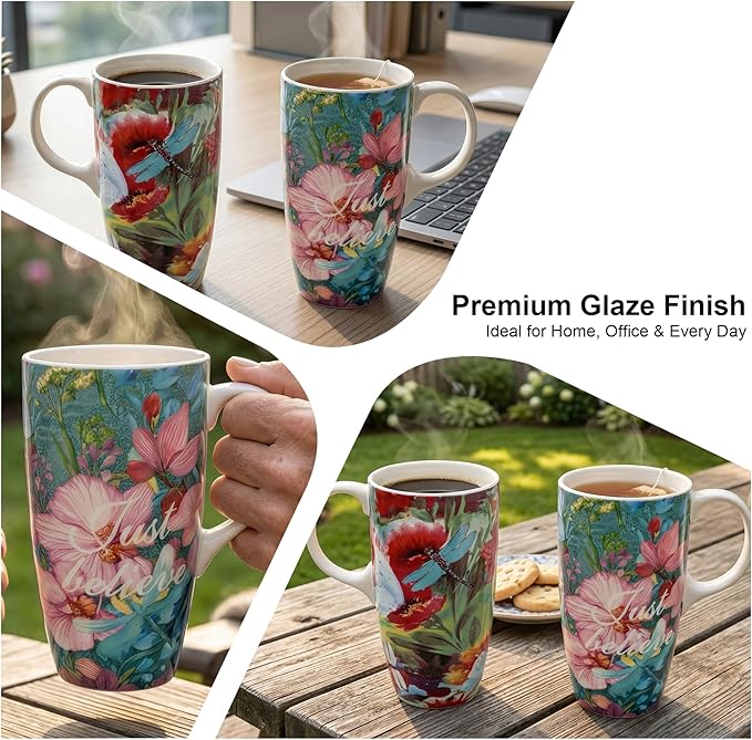 DUSVALLY Set of 2 Ceramic Travel Mug with Handle and Splash-Resistant Slider Lid, Suitable for Coffee and Tea, Microwave & Dishwasher Safe, Pink+Green Flower Mug