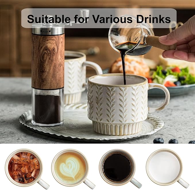 Miamolo Coffee Mugs Set of 4 with Spoons & Stand, Stackable Espresso Cups 13oz Coffee Mug for Drinks Latte Cappuccino Tea, Coffee Cup for Women Men Couples Housewarming Birthday Gift, Dishwasher Safe