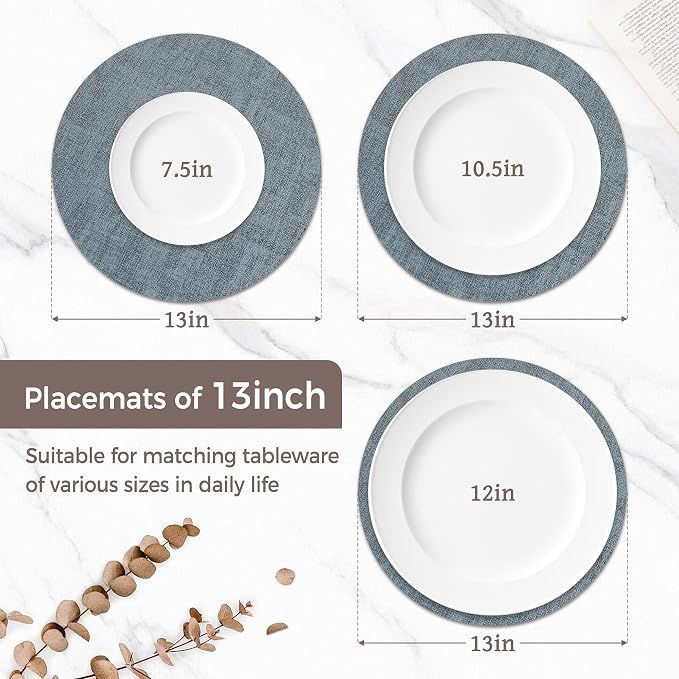13" Round Placemats Set of 4, Reversible Faux Leather Heat Resistant Table Mats, Waterproof Oilproof Wipeable Table Protective Placemats for Vinyl, Washable for Indoor & Outdoor Use (4, Light Blue)