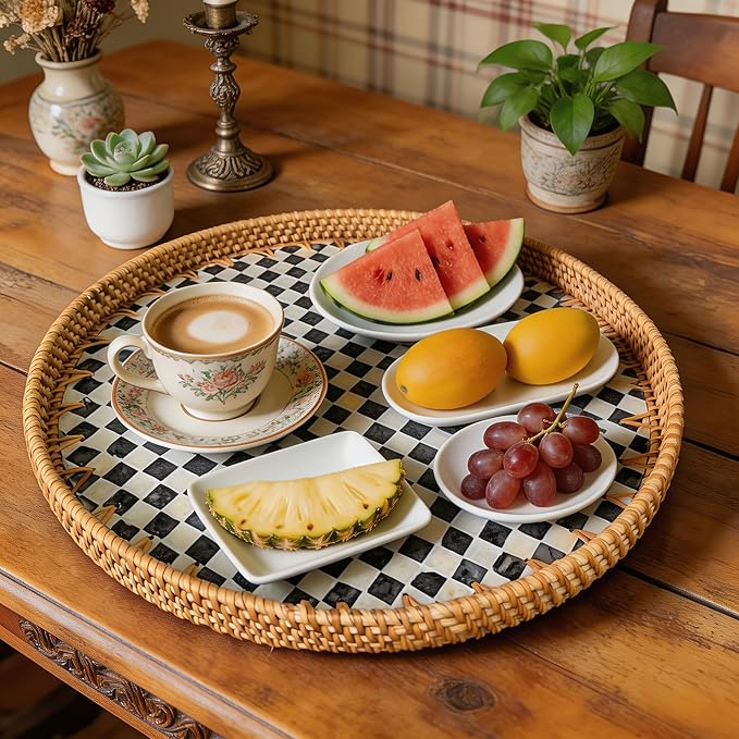 16" Rattan & Mother of Pearl Lazy Susan with Checkerboard Pattern - Round Black & White Rotating Base - Artistic Centerpiece for Charcuterie, Snacks & Coffee Tables