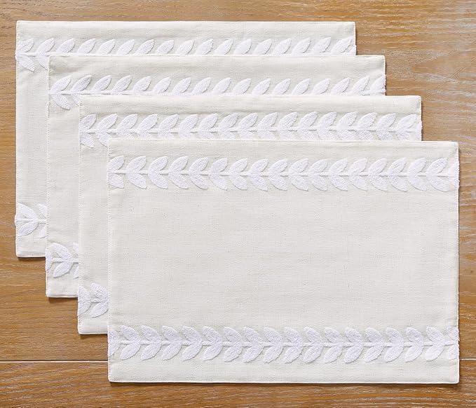 Wracra Embroidered Placemats, 13 x 18 Inch Set of 4 Placemats, Irregular Willow Rustic Place Mats for Kitchen Table and Heat Resistant, White 4PCS