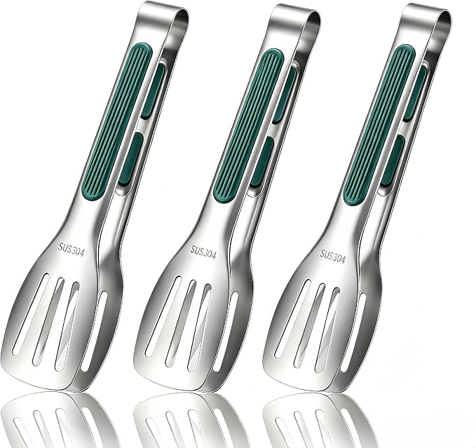 Stainless Steel Kitchen Tong Set - Anti-Slip Heat-Resistant Grip, Widened 3-Line Slotted Heads for Easy Clamping (Steaks, BBQ, Pasta, Salads), Easy Clean for Versatile Use Set of 3-6", Green
