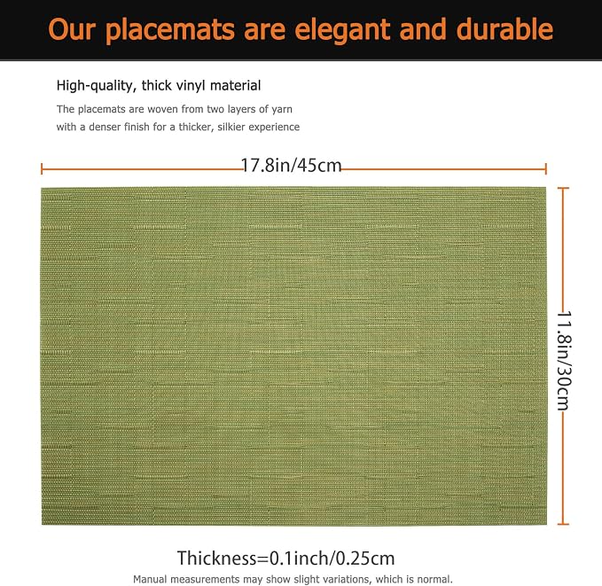 Placemats Set of 6 Washable&Wipeable Place mats for Dining Table Kitchen Indoor Outdoor Table Mats Heat Resistant Non Slip Woven Vinyl Table Placemats (Green，6PCS)