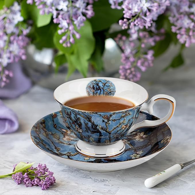 Floral Tea Cups Saucers Set of 2, Bone China 7 oz British Teacups Porcelain Coffee Cup for Rose Tea Cappuccino Espresso Latte (Apricot & Peach Blossom)