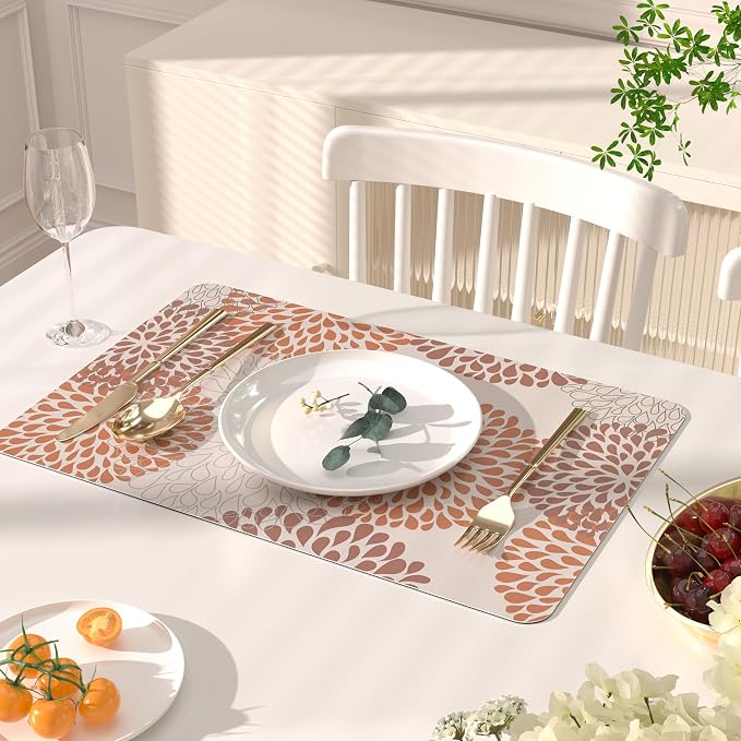 QiyI Placemats Set of 6, 12x18 Inch Faux Leather Place Mats for Kitchen Dinning, Heat Resistant Anti Slip Floral Table Mats, Waterproof Wipeable Washable Placemat Thanksgiving Table Décor, Brown
