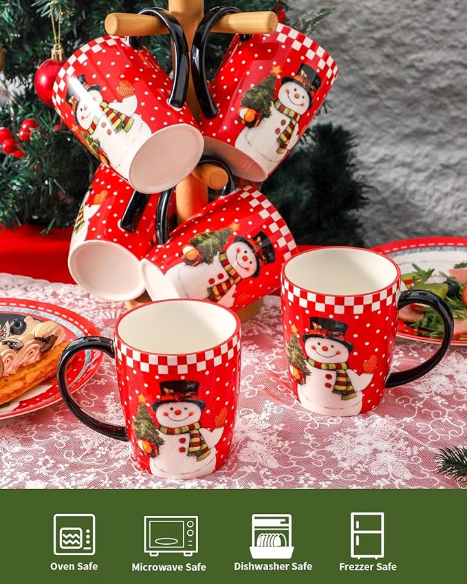 HASENSE Coffee Mugs Set of 6, Ceramic Coffee Cups with Handle, Large Christmas Latte Cup for Tea, Hot Cocoa, Milk, Stylish Mug for Holiday Gift, Dishwasher and Microwave Safe, Red
