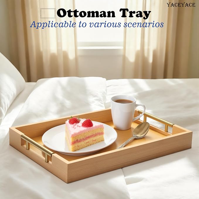 Bamboo Serving Tray for Ottoman Coffee Table, 14" x 9.8" x 1.7" Small Serving Tray for Home Decor, Small Bamboo Trays for Bathroom, Dining
