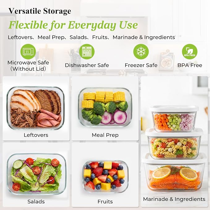 URPOWER Glass Vacuum Seal Containers for Food Storage, 3PCS Set(S,M,L) with Lids, Airtight Food Storage Containers, Stackable Vacuum Containers for Leftovers, Meal Prep, Fridge, Freezer & Pantry