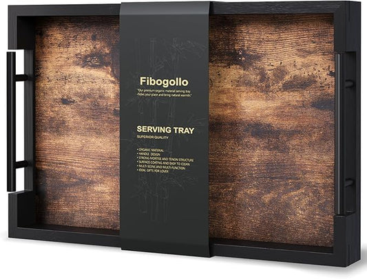 Fibogollo Wooden Serving Tray with Metal Handles,15x9.8in Ottoman Decorative Trays Platter for Coffee Table,Living Room,Bar,Party,Medium