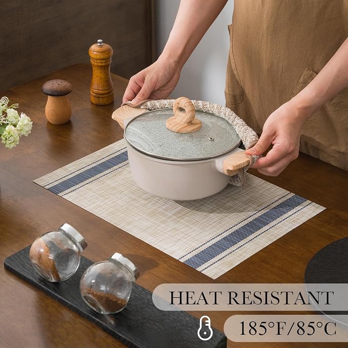 BACKTOEDEN Placemats Set of 6 Heat Resistant Washable Wipeable Placemat Woven Non-Slip Foldable Vinyl/Plastic Place Mats Indoor/Outdoor Mat Kitchen Dining Table Pad, Blue Skyline