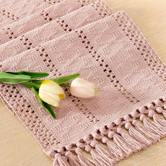 Socomi Boho Table Runner Summer Farmhouse Rustic Dining Kitchen Centerpiece Decor Small Macrame Woven Cotton Linen Coffee Table Runner for Dresser Scarf Home Decor 12x48 in Pink