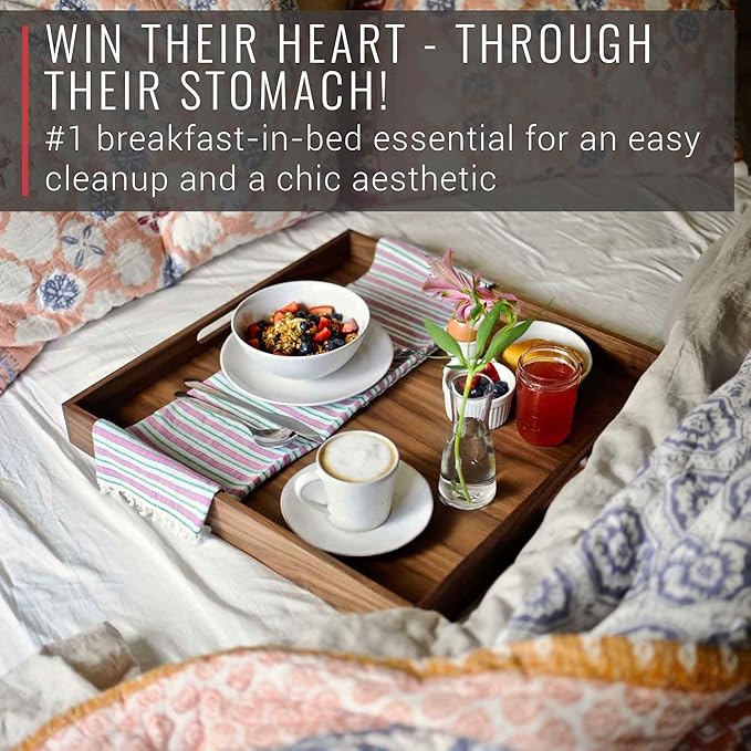 Virginia Boys Kitchens Walnut Wood Serving Tray with Handles - Serve Coffee, Tea, Cocktails, Appetizers, Breakfast in Bed or for Ottomans or Desk - 20x20 Square