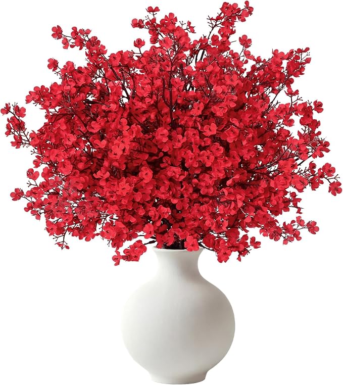 Waipfaru Red Fake Flowers, 15 Pcs Babys Breath Artificial Flowers, Real Touch Silk Flowers Fall Stems for Spring Summer Fall Thanksgiving Christmas Decor Floral Arrangement