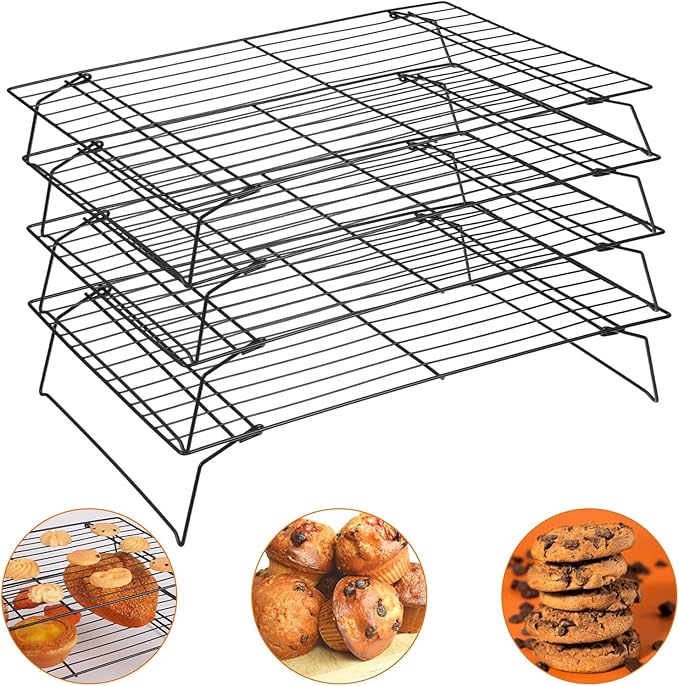 4 Pcs Stackable Cooling Racks, Heavy Duty Iron Wire Baking Rack Set, 15.7 x 9.8 Inch for Cooking, Roasting, Grilling, Oven and Dishwasher Safe, Black