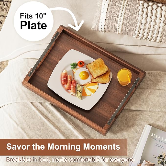 17 Inch Acacia Wood Ottoman Tray for Living Room, Wooden Serving Tray with Metal Handles, Large Serving Trays for Ottoman, Eating Food on Couch, Decorative Trays for Coffee Table, Bathroom, Home Decor