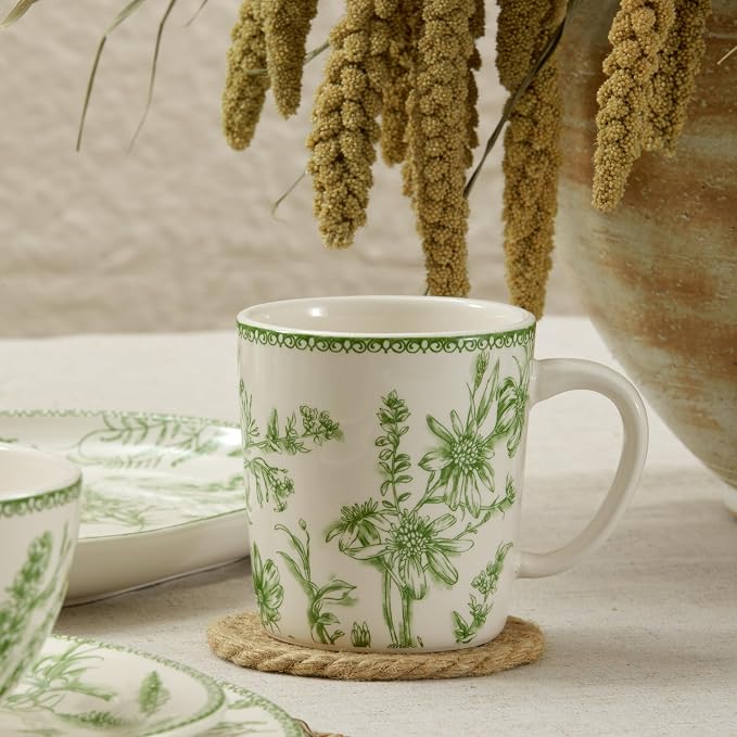 Bico Green Garden Toile De Jouy Ceramic Coffee Mugs Set of 4, 18 oz Large Tea Cups with Handle, Aesthetic Latte Mugs for Cappuccino Cocoa, Lead-Free, Dishwasher and Microwave Safe, Housewarming Gift