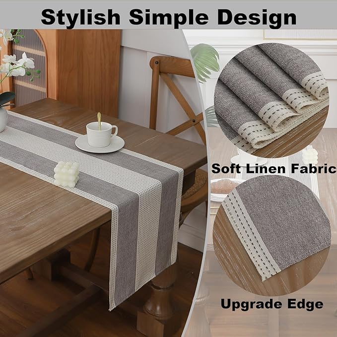 Gernaice 2PCS Boho Table Runner, Rustic Striped Cotton Linen Farmhouse Table Runners for Dresser End Coffee Table Home Decor, 24" L X 13" W Dark Brown