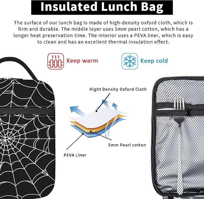 Goth Spider Web Lunch Box Insulated Lunch Bag for Women Men Reusable Portable Leakproof Lunchbox Tote Cooler Thermal Bag for Office Work Picnic Travel