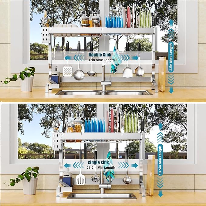 MINGLING Over Sink Dish Drying Rack Kitchen Dish Rack Over Sink Height & Width Adjustable Large Over Sink Dish Drainer Rack Full Stainless Steel (W21.2-37"~ H18.5-22" Silver)
