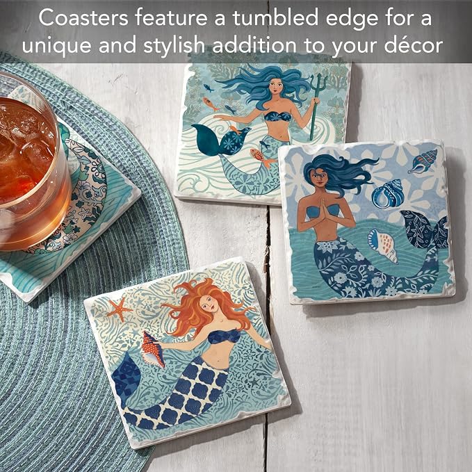 Thirstystone Mermaid Island 4 Pack Assorted Tumbled Tile Stone Coasters with Protective Cork Backing Manufactured in The USA Absorbent Easily Wipes Clean