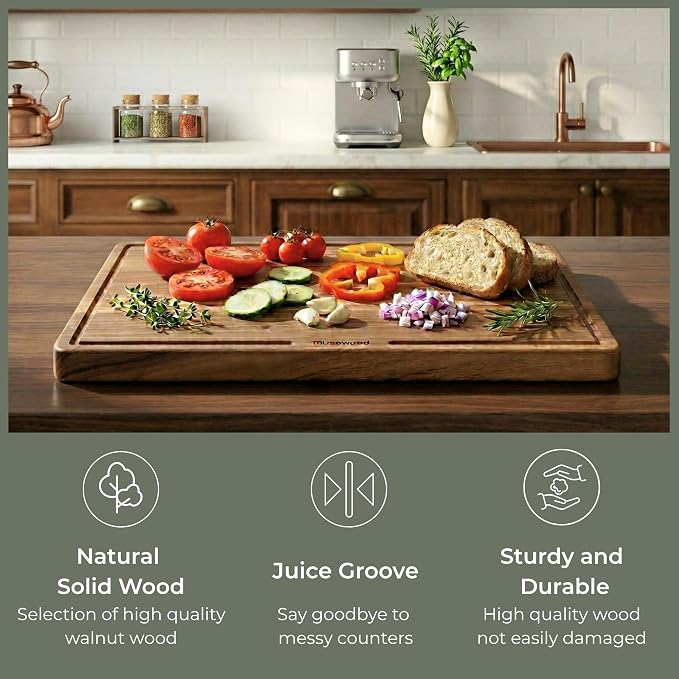 muso wood Walnut Wood Cutting Board 18"x12" - 1" Thick, Wooden Kitchen Chopping Board with U-Shaped Juice Groove & Handle, Heavy Duty Cutting Board for Vegetables, Meat, Fruits