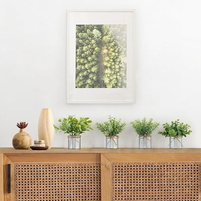 Mkono 4 Packs Small Fake Plants in Farmhouse Galvanized Pots Table Centerpiece Mini Potted Artificial Plants Faux Eucalyptus for Shelf Office Rustic Home Decor (Gray, Small-7.5" H)