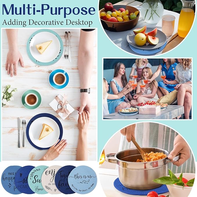 13 Inch Round Cotton Placemat Set of 6 Woven Boho Coasters Table Mats Dining Table Setting Decor Washable Heat Resistant Farmhouse Circle Place Mats for Home Accessories(Blue)
