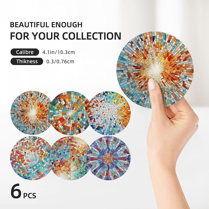 Coasters Set of 6, Coasters for Drinks Absorbent Stone with Holder, Colorful Glass Ceramic Drink Coaster for Tabletop Protection, Coffee Table Decor Ideal for Home Decor House Warming Gifts