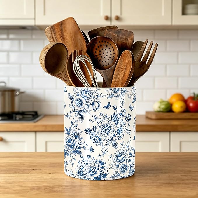 Chinoiserie Floral Utensil Holder, Ceramic Kitchen Utensil Holder, Utensil Crock for Home Kitchen Countertop Storage Organizer Container, Large Holder for Spatulas, Spoons, Kitchen Counter Decor, 6"