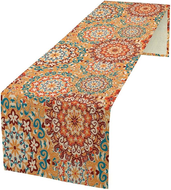Boho Floral Table Runner, Vintage Rustic Orange Abstract Hippy Geometric Mandala Flower Table Decor Table Top Dining Kitchen Wedding Party 13x90 Inch