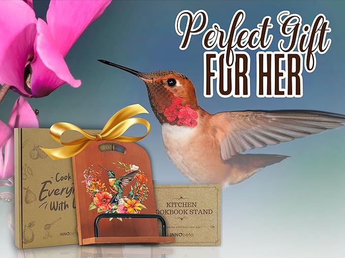 INNObeta Cookbook Stand for Kitchen Counter, Adjustable Tablet Recipe Book Holder, Perfect Gifts for Women, Mom, Grandma on Birthday, Unique Kitchen Decor, Hummingbird