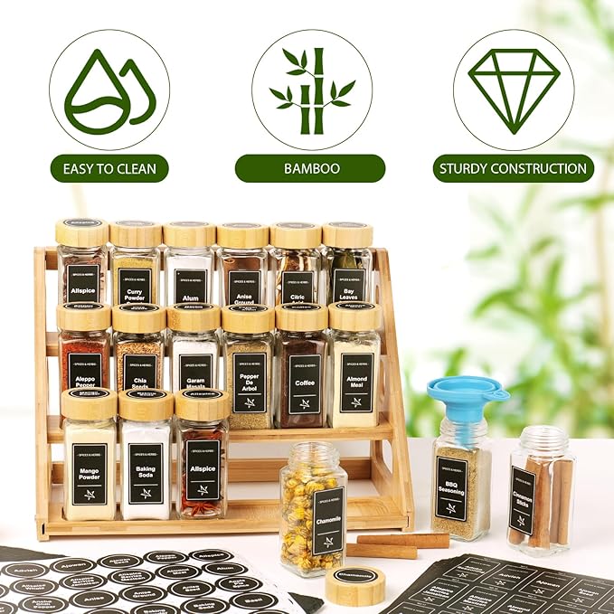 Spice Rack - Tiered Spice Rack Organization for Cabinet - 3 Tier Bamboo Display Spice Shelf for Countertop，Holds 24 Spice Jars